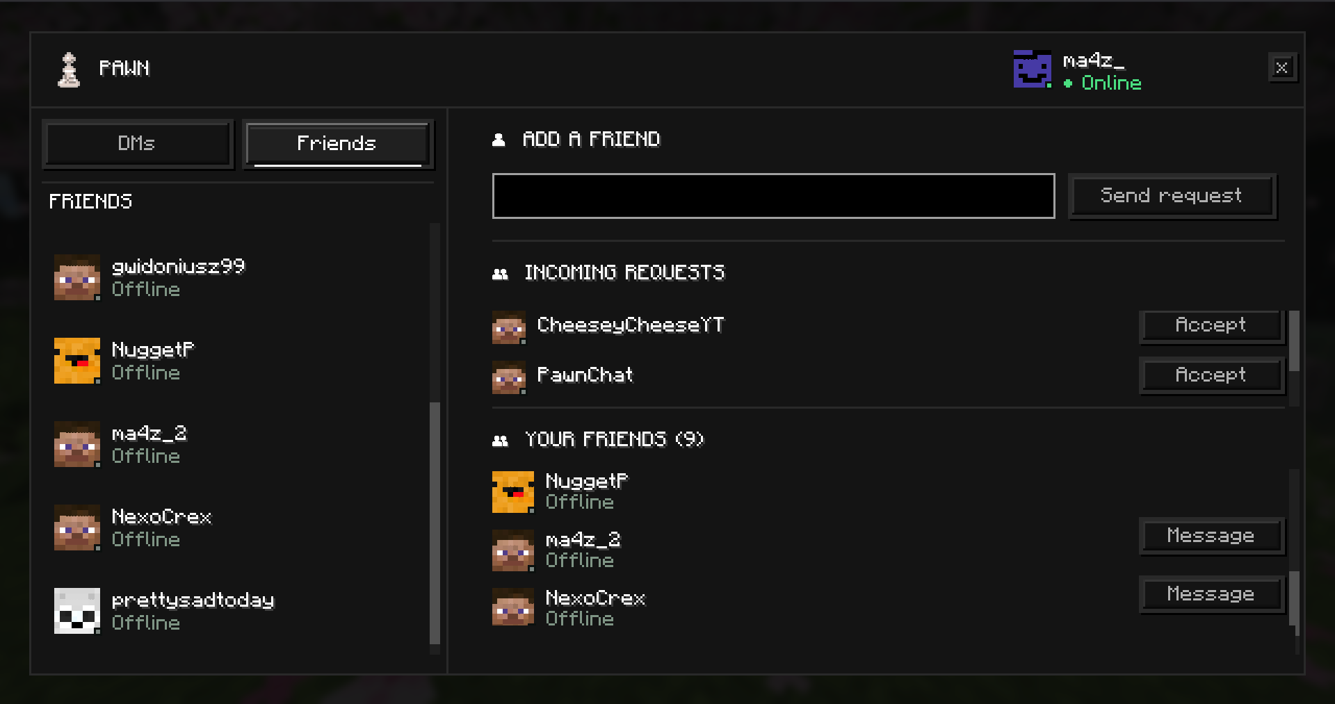 Pawn friends tab